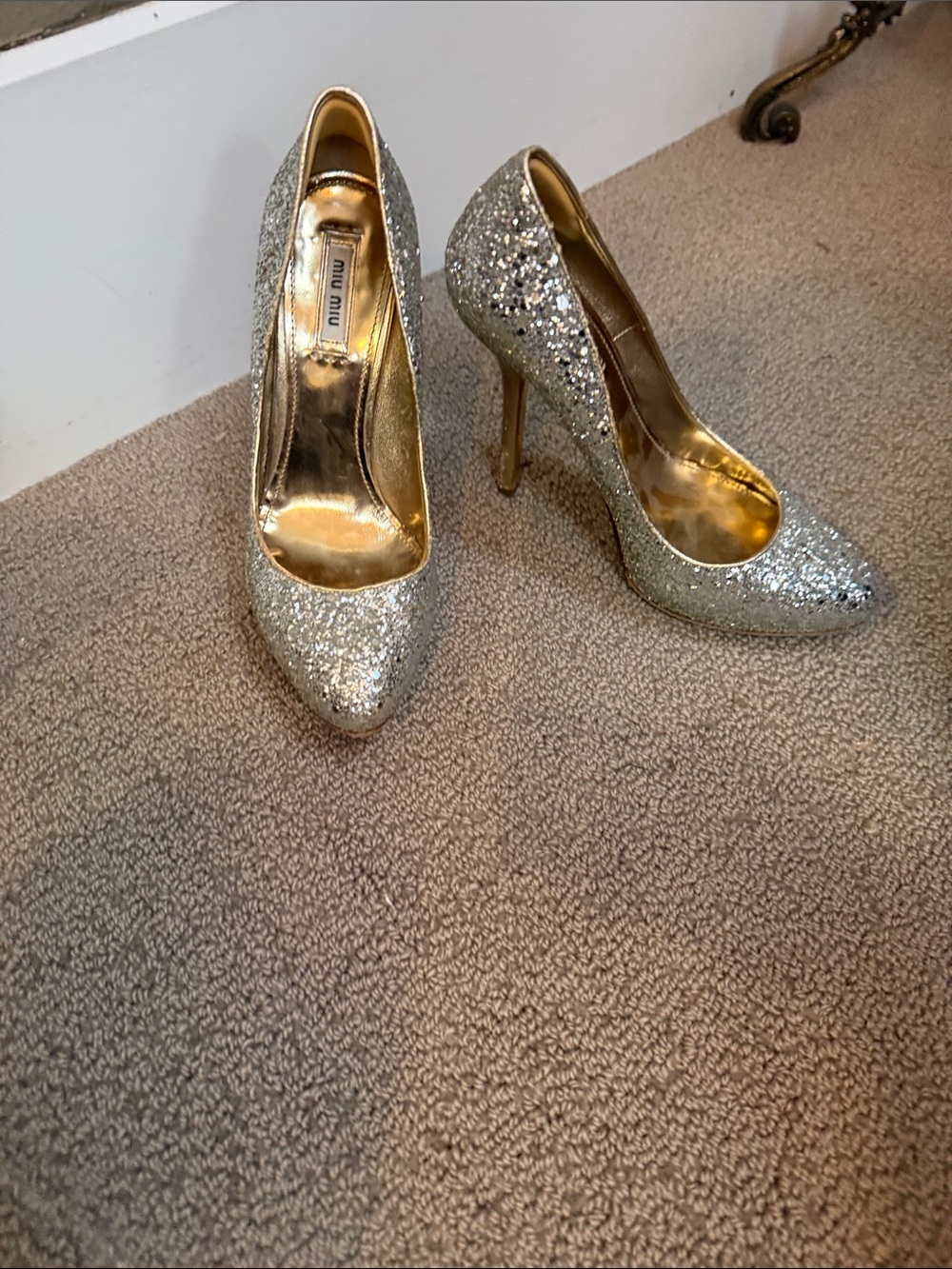 Miu Miu Silver Glitter Pointed Pumps with Gold Lining